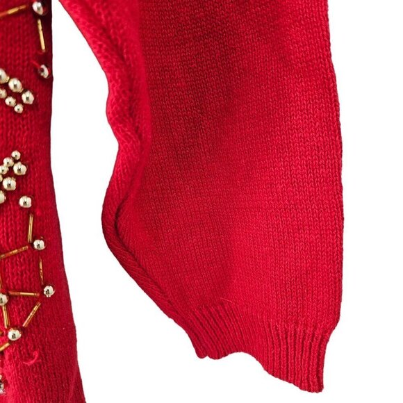 Victoria Jones Red Crewneck Sweater Womens L Gold Beading Cotton Knit 80s - Picture 7 of 9